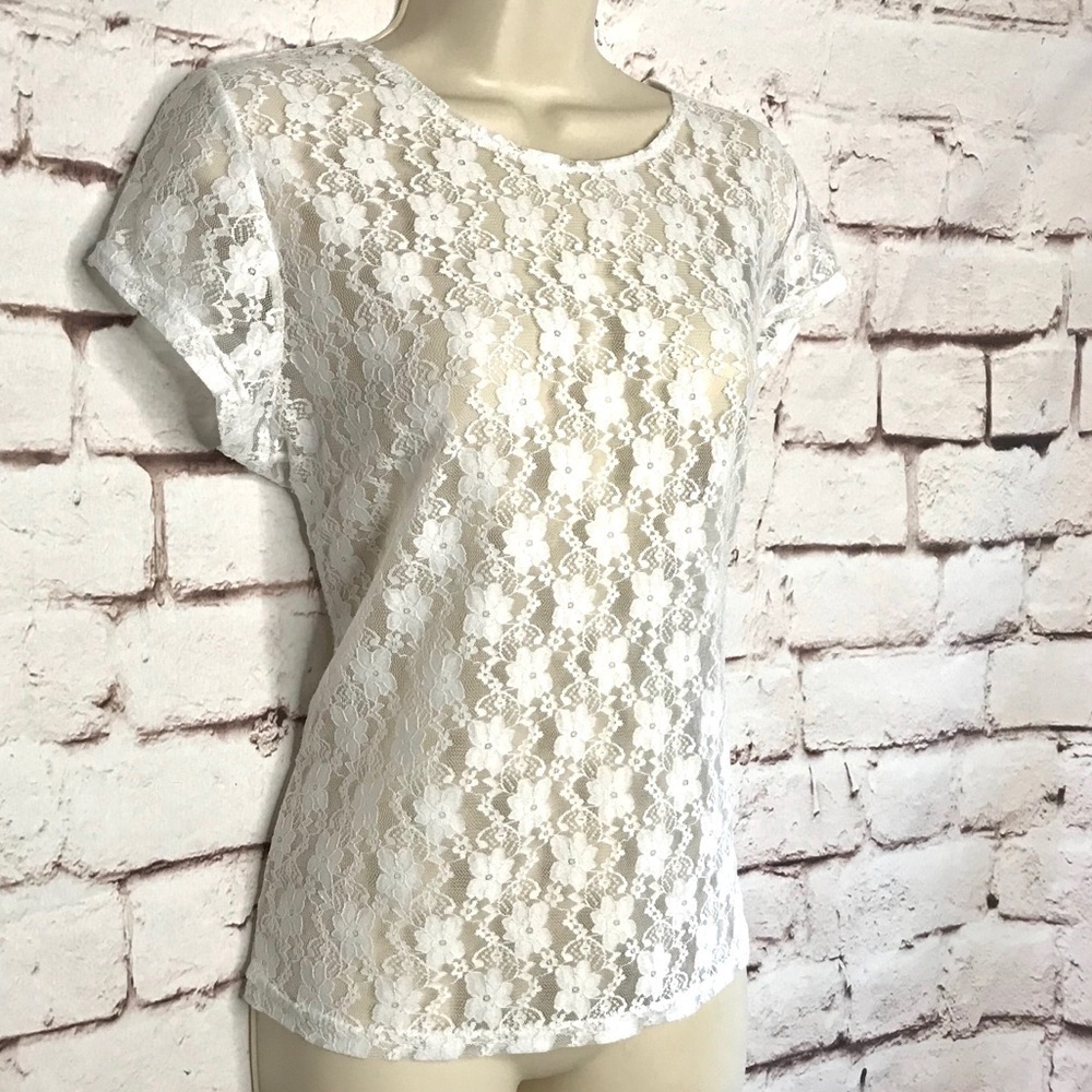 CAMELEON White lace sheer cap sleeve blouse Size Medium Large - Picture 10 of 15